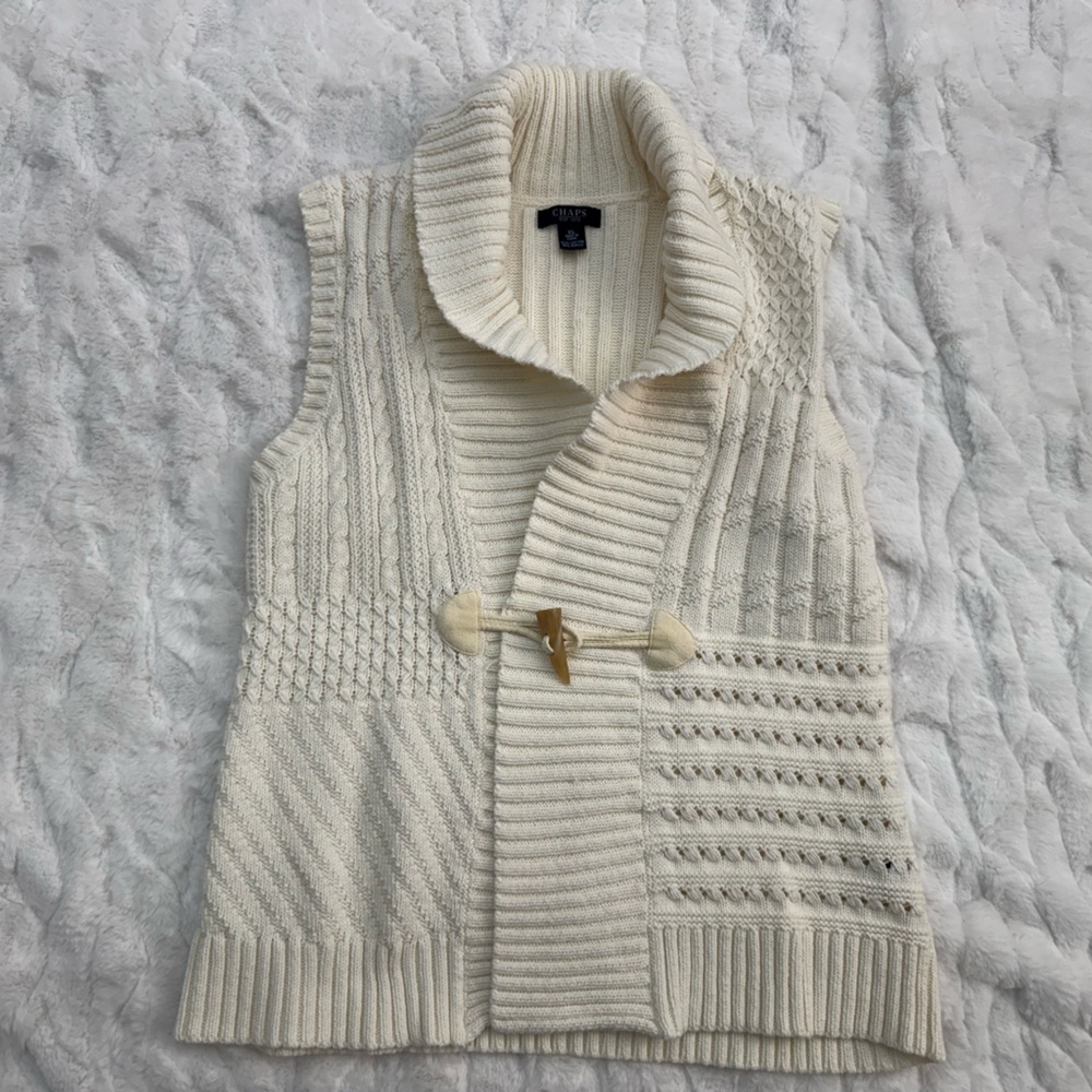 Chaps Womens Cream White Cable Knit Sweater Vest Toggle Button Size XL